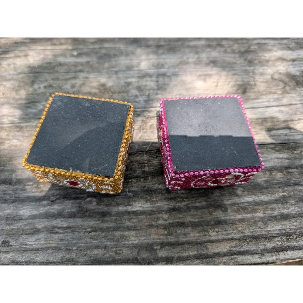Pier 1 Beaded Trinket Boxes Set of 2 Gold Pink Rhinestone Boho Jewelry Keepsake